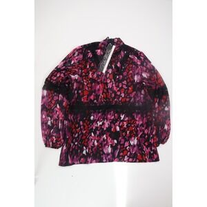 Dalia MacPhee Blouse DMS007 L Pink Multi Abstract Lace Trim High Neck Office